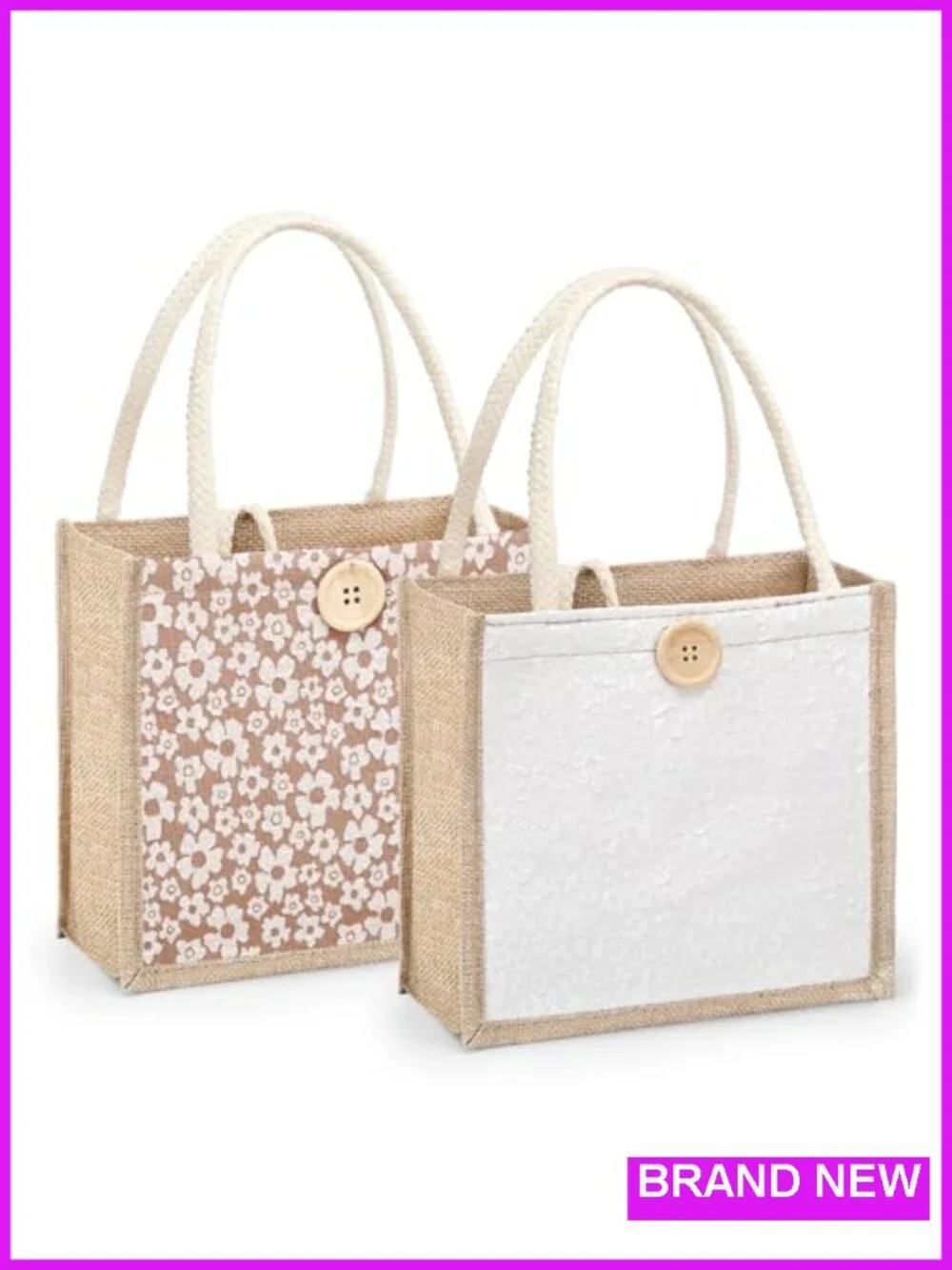 2pcs Jute Tote Bag Embroidered Reusable Grocery Shopping Bento Bag